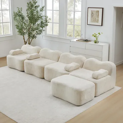 Zdjęcie produktu dla Modułowa sofa czteromiejscowa w kształcie litery L o falistym kształcie, aksamitna, z podnóżkiem, z głębokim siedziskiem, 384 x 167 x 70 cm, beżowa