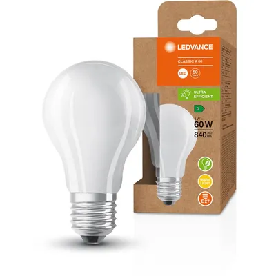Produktbild von LEDVANCE LED Stromsparlampe, Matte Birne aus Glas mit E27 Sockel, Warmweiß (3000K), 4 Watt, ersetzt herkömmliche 60W-Leuchtmittel, besonders hohe  und stromsparend, 1er-Pack