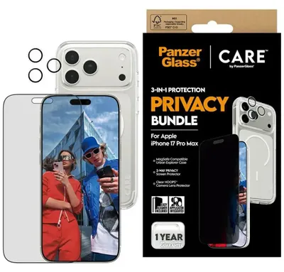 Zdjęcie produktu dla PanzerGlass ® | CARE by ® 3-in-1 Flagship Privacy Bundle iPhone 17 Pro Max, Apple, Apple - iPhone 17 Pro Max, Aplikacja na sucho, Odporny na zadrapania, Odporny na wstrząsy, Przezroczysty, 1 szt.