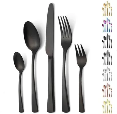 Produktbild von Ibenzoa® Besteckset 30-teilig – matt schwarz, Edelstahl, für 6 Personen (6 Tafellöffel, 6 Teelöffel, 6 Messer, 6 Gabeln), ergonomisch, spülmaschinenfest