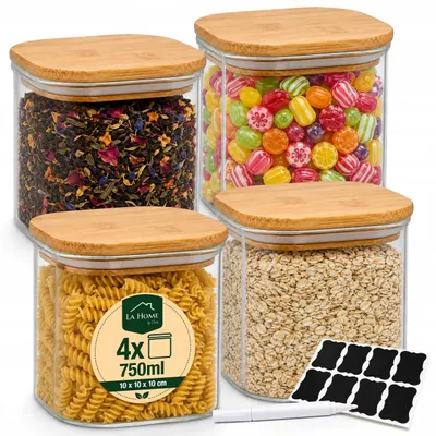 Image de Lot de 4 bocaux en verre 750 ml avec couvercle en bambou – bocal de conservation carré, boîte à café et thé, étiquettes craie et marqueur