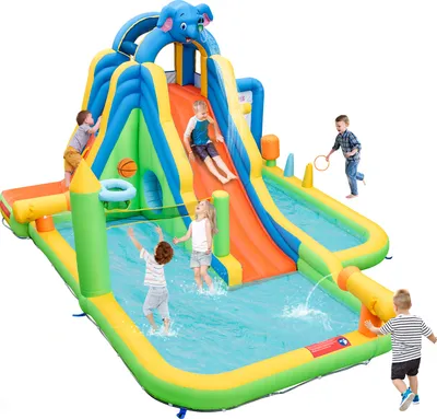 Produktbild von GOPLUS Hüpfburg, 9-in-1 Aufblasbar Wasserpark mit Wasserrutsche, Kletterwand, Wasserpistolen, Basketballwurf, Ballwurf, Bouncy Castle Elefant für Kinder 3-10 Jahre, 469 x 378 x 250 cm