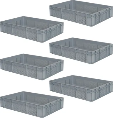 Produktbild von 6 Eurobehälter mit 2 Griffleisten, LxBxH 600x400x125 mm, 23 Liter, gelocht, grau