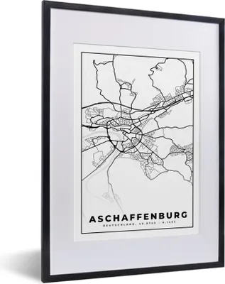 Produktbild von MuchoWow® Gerahmtes Poster Afschaffenburg - Stadtplan - Karte 30x40 cm - Poster mit Schwarzem Bilderrahmen Wandposter Rahmen Foto Bilder - Wandposter Schlafzimmer
