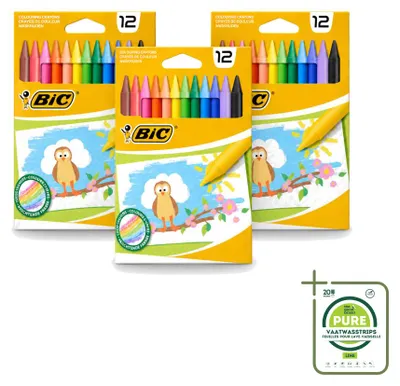 Imagen del producto de 3 paquetes de lápices de cera BIC, surtidos en varios colores, con 12 unidades por paquete
