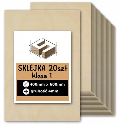 Zdjęcie produktu dla Sklejka brzozowa, formatki prostokątne do cięcia laserem i grawerowania – CNC, modelarstwo, pirografia, decoupage, malowanie, dekoracje i rękodzieło DIY – klasa 1 – 40 × 60 cm (400 × 600 mm) – 4 mm – 20 szt.