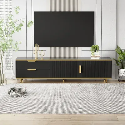 Produktbild von CDGlobal TV Schrank mit 2 Schließfach und 2 Schublade,goldenen Griffen und Füßen, Fernsehschrank für Wohnzimmer und Esszimmer,175 x 40 x 45 cm