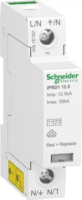 Productafbeelding van Schneider Electric combinatiebeveiligingsschakelaar type 1+2, Acti9 iPRD1 12.5r, 1-polig, 230V AC, Imax 50kA, met afstandmeldingsfunctie. Artikelnummer: A9L16182