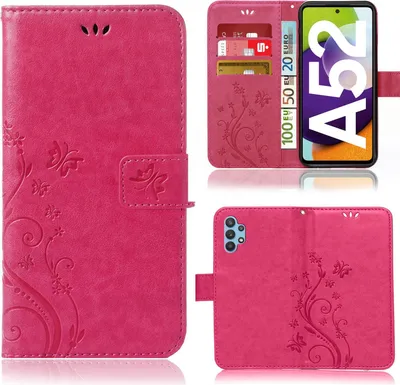 Collage of a pink phone case with floral and butterfly patterns, showing the front, inside with card slots, and the back with camera cutouts.