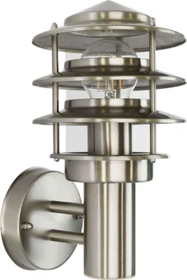 A single outdoor wall light fixture made of brushed metal and glass.