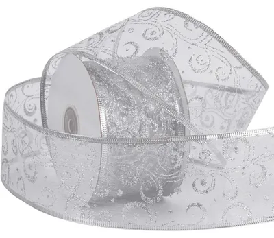 Produktbild von Wired Christmas Holiday Band Silver Glitter 63mm x 22m - Silver Wired Edge