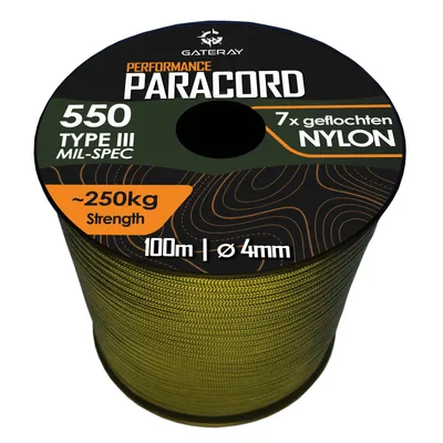 Produktbild von GATERAY® Performance Paracord 550 4mm Nylon 100m Schnur - witterungsbeständiges Allzweckseil (Oliv Grün)