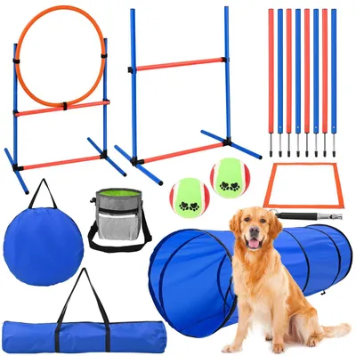 Zdjęcie produktu dla Zestaw do agility dla psów - tor przeszkód do ogrodu - obejmuje: przeszkody, słupki do slalomu, tunel, obręcz do przeskakiwania, miejsce do odpoczynku - wykonany z tworzywa sztucznego - kolor niebieski