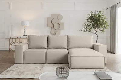 Productafbeelding van Hoekbank met slaapfunctie ESTELLE, bekleed met stof Opera Velvet Pearl, met een chaise longue aan de rechterkant