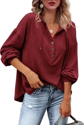 Produktbild von ASKSA Damen Kapuzenpullover Sweatshirts Hoodies Kordelzug Tiefer V-Ausschnitt Knopfleiste Tops, Weinrot, S