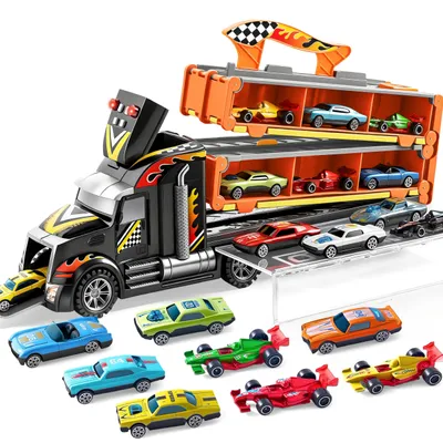 Produktbild von JOYIN Transporter Truck Spielzeugautos für Jungen ab 3 4 5 6-12 Leichtmetall Rennautos mit 2 Werfern, Tragbares Rennbahn Truck Spielzeugauto mit Lichtern und Sound, LKW Spielzeug Set für Kinder 3+