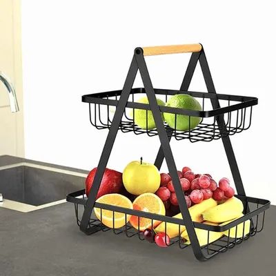 Obrázek produktu pro Dvoupatrový kovový košík na ovoce s dřevěnou rukojetí černý