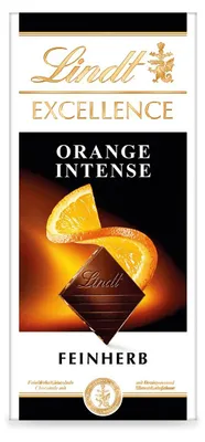 Produktbild von Lindt Excellence Orange mit zarte Orangenstückchen und Mandeln 100g