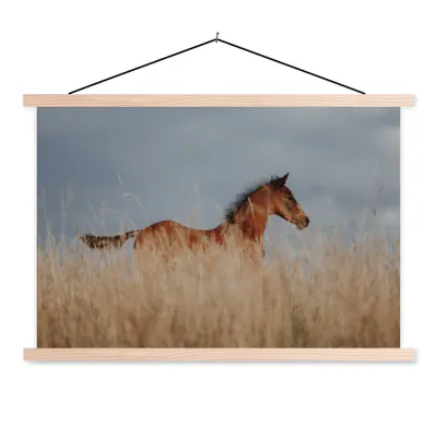 Produktbild von MuchoWow® Textilposter Pferd - Luft - Gras 120x80 cm mit holzfarbenen Rahmen - Aufhängeset