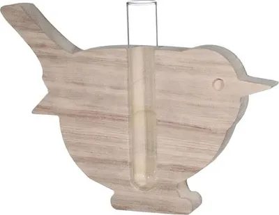 Produktbild von Holz-Vogel mit kleiner Glasvase 18 x 2,8 x 13,5 cm | Deko Vase