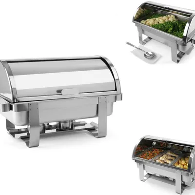 Imagen del producto de Vitrina calentadora de 59x34 cm con tapa abatible y capacidad de 9 litros, ideal para catering en buffets