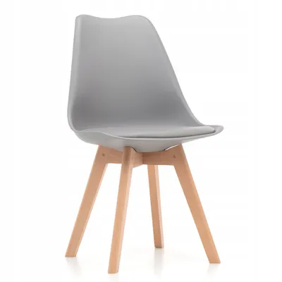 A light gray dining chair with wooden legs against a white background.
