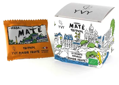 Zdjęcie produktu dla YVY MATÉ –Mate-Tee Tropical w torebkach – zestaw 2 sztuki, każda zawierająca 15 torebek – całe, organiczne owoce, pobudzający napar