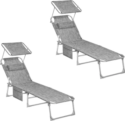 Two identical gray lounge chairs with canopies are shown against a white background.