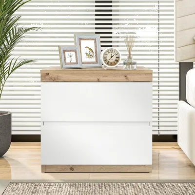 Image de OKWISH Table de nuit - Chevet Moderne avec 2 Tiroirs et Rangement Pratique, Meuble de Chambre en Panneau de Particules E1 - Blanc/Chêne