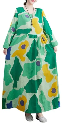 Produktbild von Frauen Vintage Kleid Langarm bedrucktes übergroßes Boho lässiges Urlaubskleid