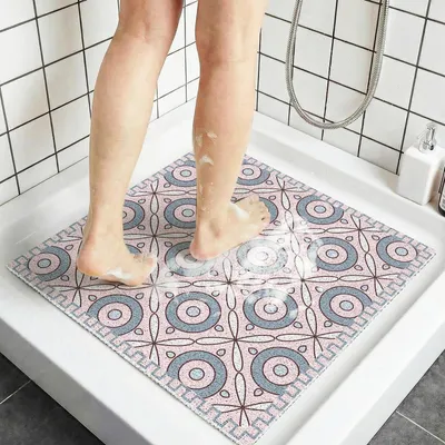 Produktbild von Duschmatte Quadratisch mit Drainage 60x60 cm PVC Luffa Schnelltrocknend Rosa Kreise