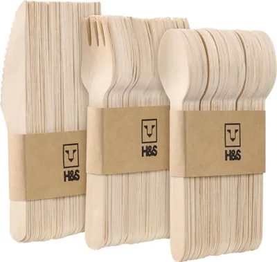 Produktbild von H&S Einweg Holzbesteck Set - 150 StückParty Besteck - Je 50 Stück Löffel Messer Gabeln - Cutlery Set - Einwegbesteck stabil - Holzlöffel Messer