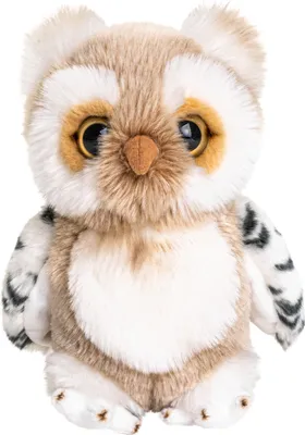A plush owl toy is shown against a white background.