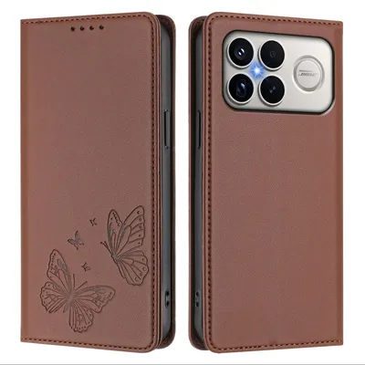 Produktbild von Lederhülle für Xiaomi Poco F8 Ultra/Redmi K90 Pro Max, Schmetterling Prägung Leder Brieftasche Schutzhülle mit Ständer Braun