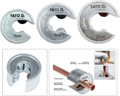 A collage showing multiple sizes of pipe cutters, a close-up of one cutter, and an illustration of how to use the pipe cutter.