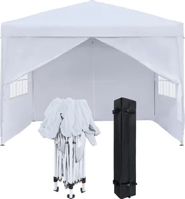 A white pop-up gazebo is shown fully assembled, with a folded gazebo frame and a black carrying bag in the foreground.