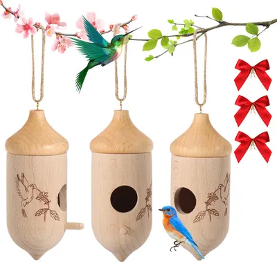 Image de lot de 3 maisons de colibri en bois pour l'extérieur avec matériel de nidification et ruban rouge pour faire son nid, cadeaux de jardin, décoration de la maison, protection des oiseaux sauvages