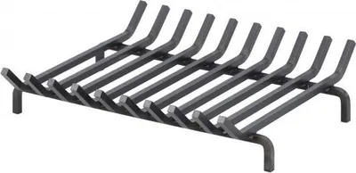 A black metal fireplace grate on a white background.