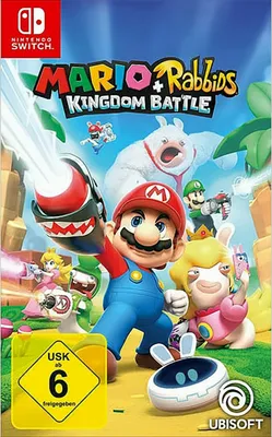 Cover art for the Nintendo Switch game Mario & Rabbids Kingdom Battle, featuring characters from both franchises.