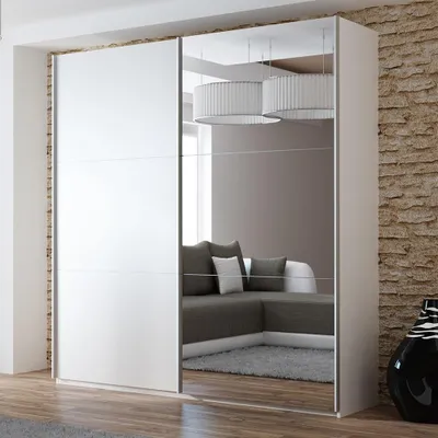 Produktbild von Krudox PRV Kleiderschrank Schiebetür Weiß 200 cm mit Spiegel 2 Kleiderstangen Schlafzimmer Schrank