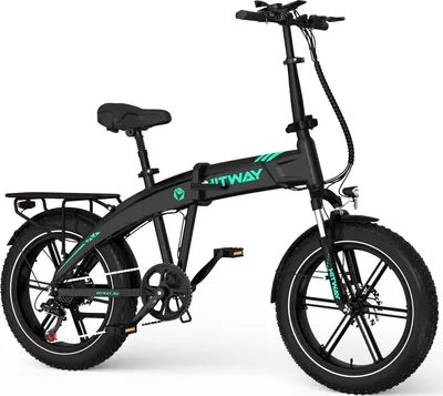 A black folding electric bicycle is shown against a white background.