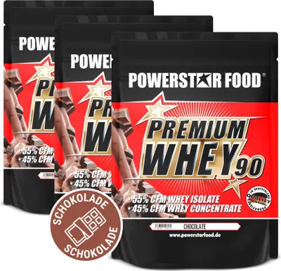 Produktbild von Powerstar PREMIUM WHEY 90 | 90% Protein i.Tr. | Whey-Protein-Pulver 3x850 g | 55% CFM Whey Isolat & 45% CFM Konzentrat | Eiweiß-Pulver Chocolate
