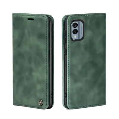 A green flip case for a smartphone is shown from two angles against a white background.
