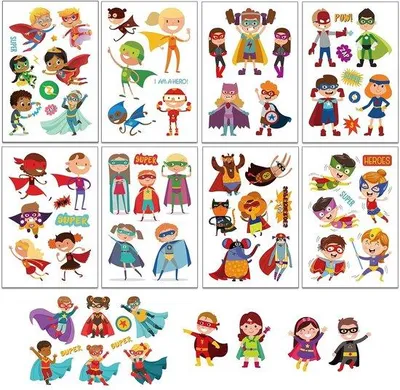 Produktbild von Giftfreies Kinder Tattoo-Sticker-Set Superhelden und Raumfahrt