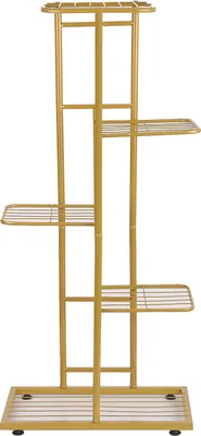 A gold-colored plant stand with multiple shelves.