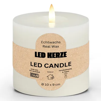 Produktbild von LED Stumpenkerze Wachs, Flackernde Flamme, Ø 10x9 cm, Weiß