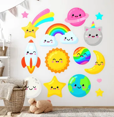 Produktbild von Regenbogenkosmos – Wandgestaltung – Wandbilder Kinder – Motivtapeten Set – Wanddekor Kinderzimmer – Selbstklebende Wandsticker – 80x134 cm