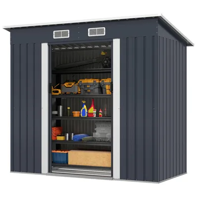 A dark gray metal shed with sliding doors, filled with tools and storage items.