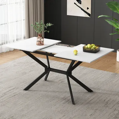 Produktbild von Flieks Ausziehbarer Esstische, Rechteckiger Küchentisch Esszimmertisch, Erweiterbarer Tisch Arbeitstisch Bürotisch mit Metallbeinen, Weiß