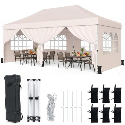 Produktbild von COSTWAY Faltpavillon 3x6m mit 4 Seitenwänden, Gartenpavillon höhenverstellbar, Pop-Up Pavillon mit 6 Sandsäcke & Rolltasche, Partyzelt Pavillon Beige